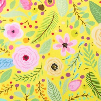 Preview: Baumwoll Druck Blüten und Blätter auf Gelb von Happy Easter by Swafing 